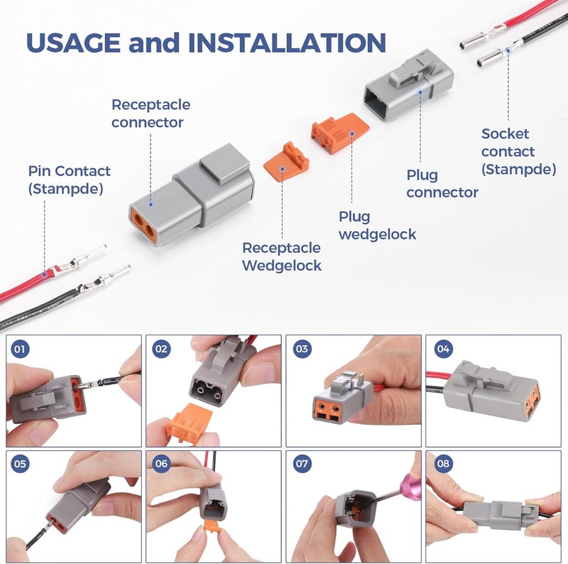 Deutusacc 32 PCS Deutsch DTP Connector Kit 2 Pin Automotive Waterproof Connectors 4 sets with Size 12 Stamped Contacts Gauge 14-12 AWG Wire Size,25A - Image 3